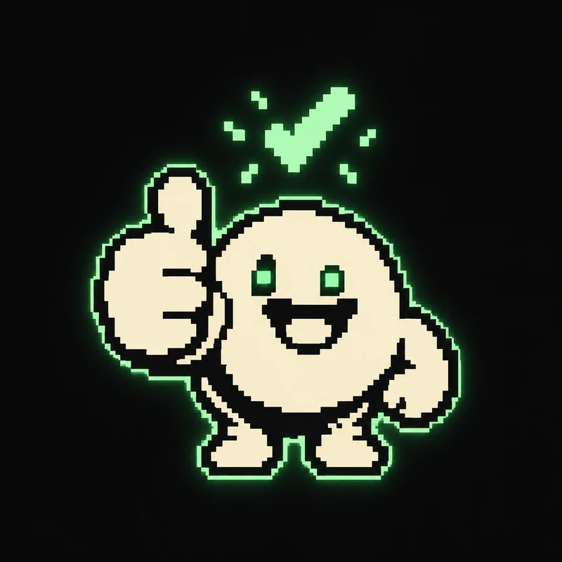 A round cream pixel agent with a huge thumbs up and a green check mark for a halo